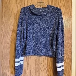 Blue pullover hoodie with white stripes on arms
